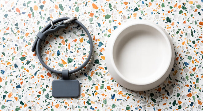 Grey dog collar with blank tracking tag and empty white pet bowl flat lay on modern terrazzo background, top view animal care accessories