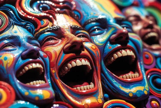 Volti astratti tridimensionali dai colori psichedelici ed espressioni euforiche