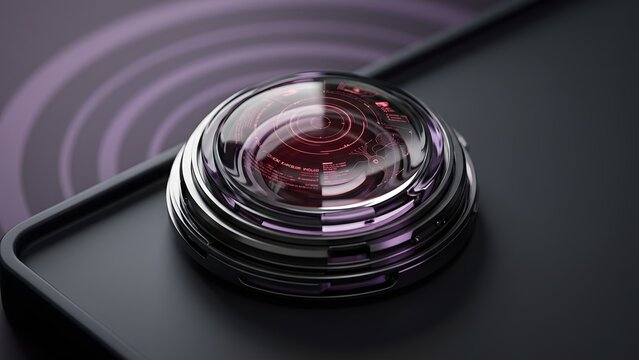 Close-up of a futuristic camera lens with glowing HUD elements and concentric circles on a dark surface.