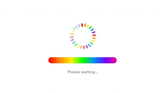 Colorful loading icon on white background. Digital progress bar with waiting text.