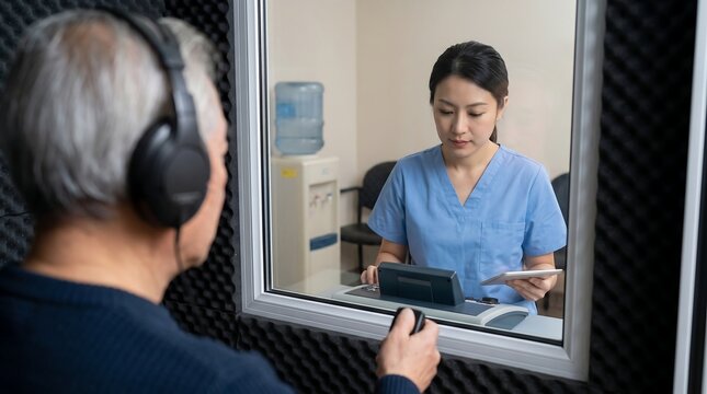 Senior man undergoing hearing test in an audiometry booth