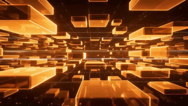 Glowing orange glass cubes moving through dark digital space creating immersive motion video experience for modern abstract technology background projects
