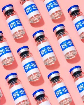BPC-157 peptide vials arranged in a repeating pattern on pink background