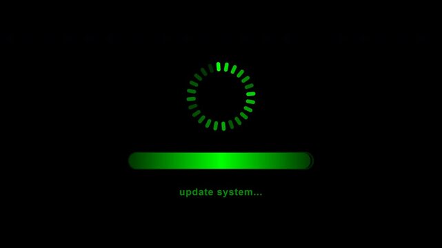 Green digital loading bar and circular progress icon on black background. System update screen.