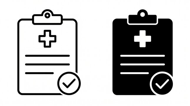 Medical clipboard icons with health checklist, healthcare documentation, patient approval forms, hospital records, wellness compliance, clinical management.