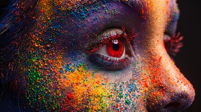 Close up of eye with red iris and face covered in colorful powder