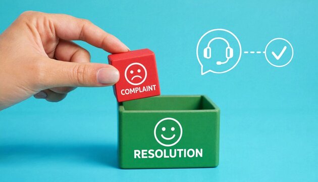 Hand placing complaint block into resolution box with customer service support icons showing problem solving process