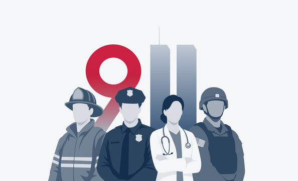 Patriot Day 9/11 concept illustration with September 11 attacks first responders isolated on white background - Remembrance, honor and gratitude concept