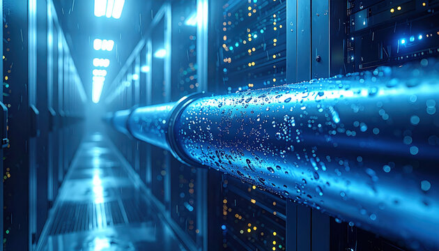 Close up view of a moisture condensed pipe in a high tech data center with server racks in the background