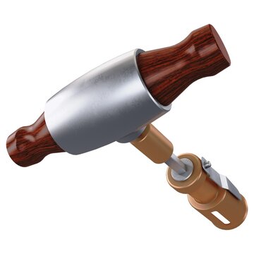 Antique Skull Trepan - Vintage trephine surgical drill tool with wooden T handle, isolated on a white background. 3D render image