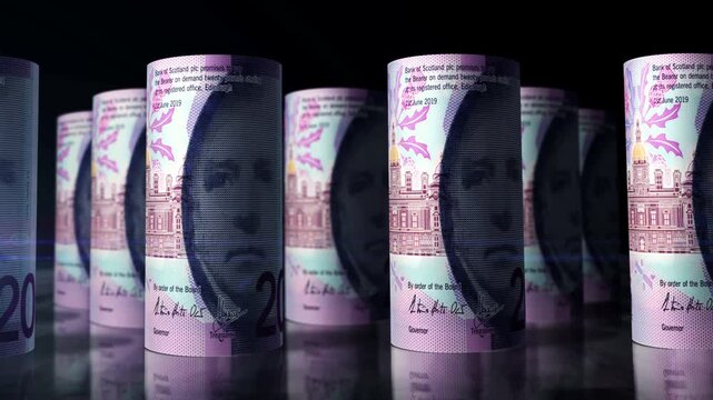 Scotland pound sterling Scottish money rolls loop 3d. Camera moving in front of Scotch 20 GBP rolling banknotes. Seamless loopable concept of economy, finance, business and debt.
