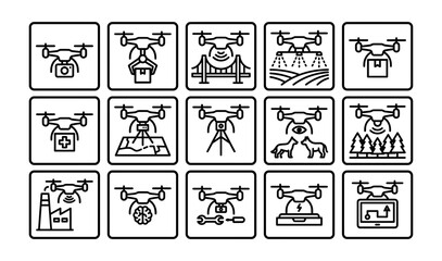 Fototapeta premium Set of fifteen black and white line icons representing various drone applications and modern unmanned aerial vehicle technology