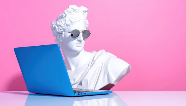 Classical statue with sunglasses using laptop computer.