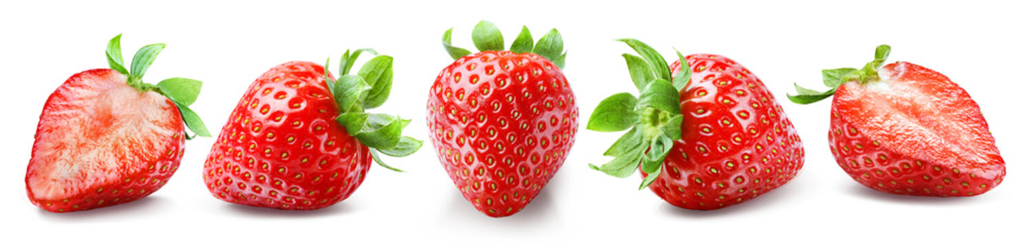 Set of five ripe juicy strawberriess, two of which are cut in half, isolated on transparent background.
