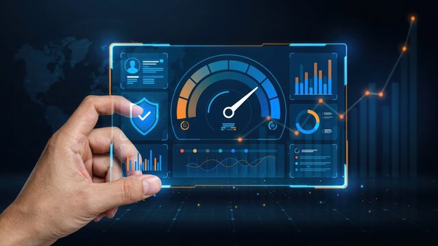Hand holding a transparent digital interface screen showing a speedometer gauge, security shield, and financial growth charts