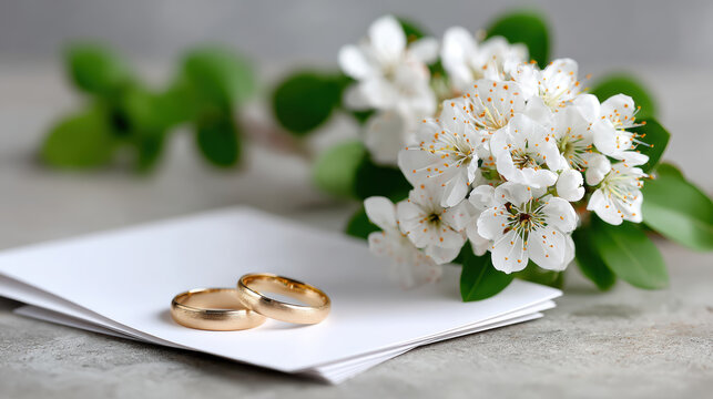 Elegant wedding stationery flatlay with gold wedding rings on white envelopes and spring blossom bouquet for invitation layout, ceremony program mockup and bridal announcement designs