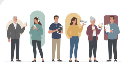 Obraz premium Diverse group of people using different electronic gadgets and digital mobile devices