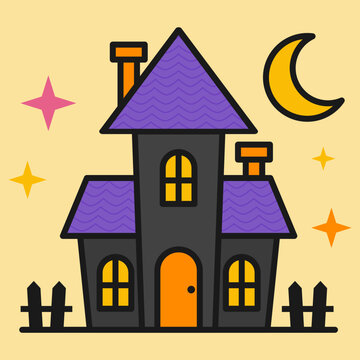 Cute Haunted House Halloween Illustration with Moon and Stars