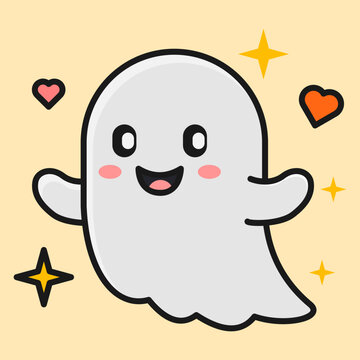 Cute Halloween Ghost Illustration with Stars and Hearts