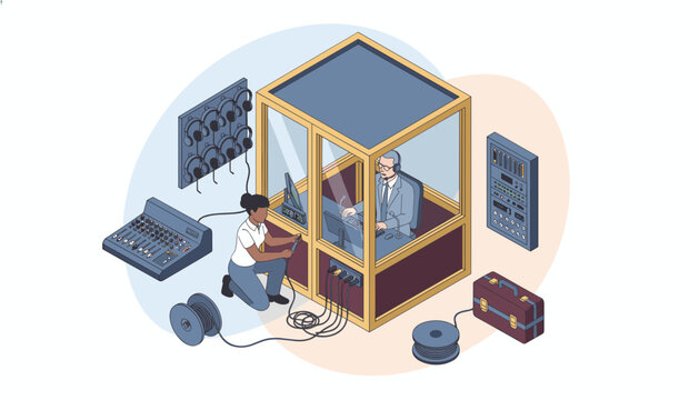 Audio engineer adjusting cables outside a soundproof recording booth with an interpreter inside