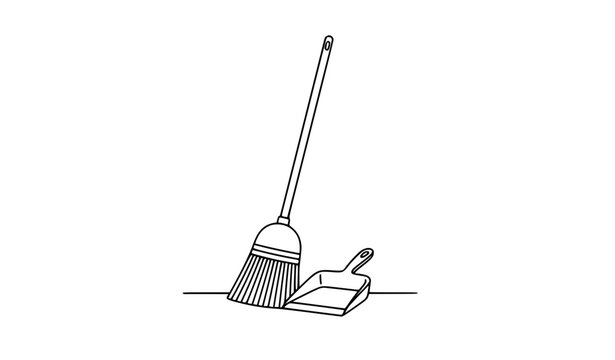 Broom sweeping dust into dustpan spring cleaning line art vector illustration in black and white