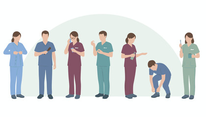 Fototapeta premium Healthcare workers performing daily morning hygiene routines in colorful scrubs
