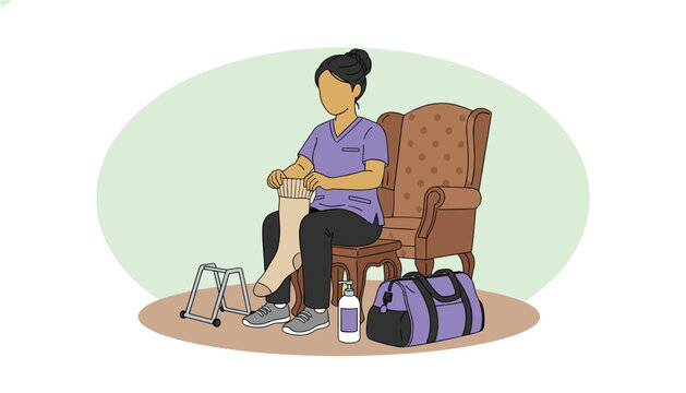 Nurse assisting elderly patient with putting on compression socks at home setting