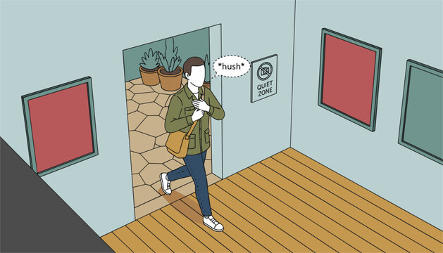 Young man whispering hush gesture while walking through quiet zone door