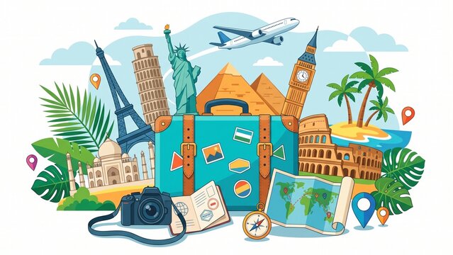 Vintage travel suitcase with famous world landmarks, airplane, passport, camera and map, travel agency banner concept vector illustration