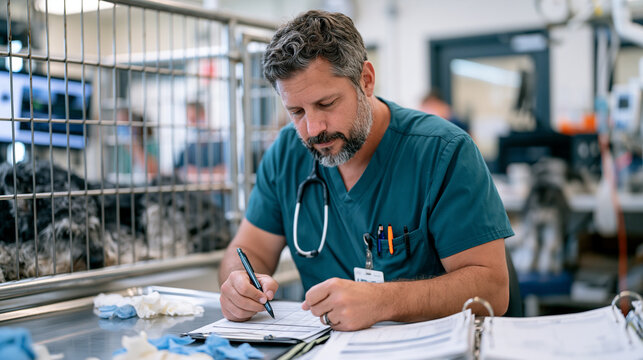 Zoo keeper fills out AML monitoring compliance forms beside a sterile veterinary recovery pen in a hospital-style animal care ward, aftermath of a morning health check visible in discarded gloves an