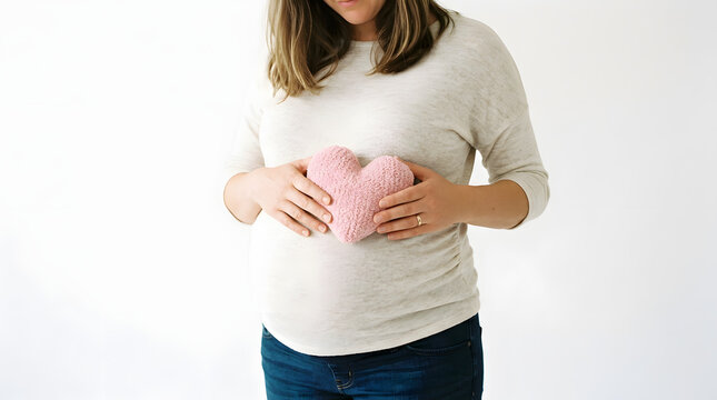 Expecting mother holding pink heart on belly
