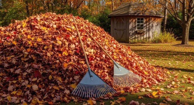 Large pile of colorful autumn leaves with garden rakes beside a rustic wooden shed in a sunny backyard
