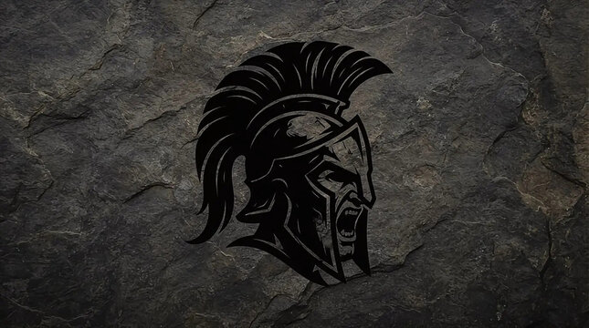 Spartan warrior helmet silhouette on textured stone background with gladiator