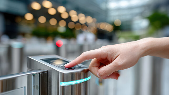 Close-up biometric fingerprint scanner on glass turnstile for office access control and secure entrance system background and design