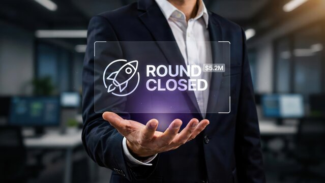 A businessman in a suit holds his hand out with a glowing digital interface displaying a rocket and the text round closed with 5.2m