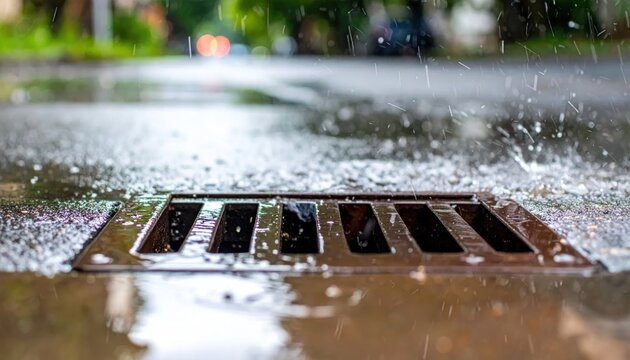 Street storm drain grate during heavy rain.