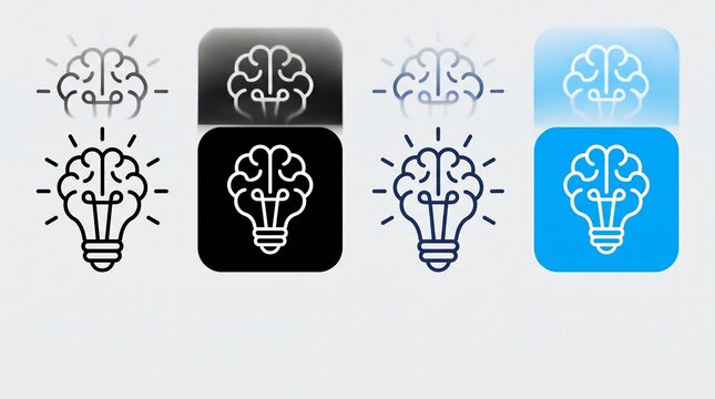 Eight square icons of light bulbs with brains inside, varied backgrounds and outlines, symbolizing creativity, intellect, and innovative thinking&hellip;