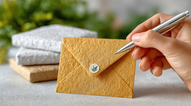 Hand writing a thank you note on textured envelope with eco sticker beside stacked cards for personal stationery, gift packaging, small business branding, mail campaign and sustainable greeting use