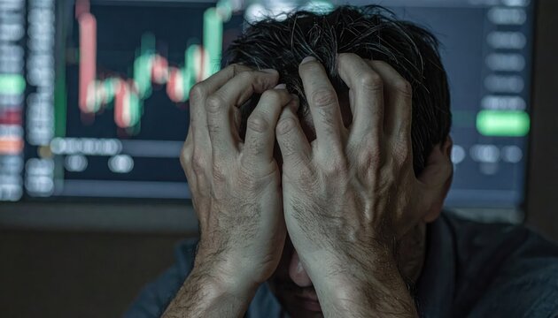 Stressed man in front of stock market charts