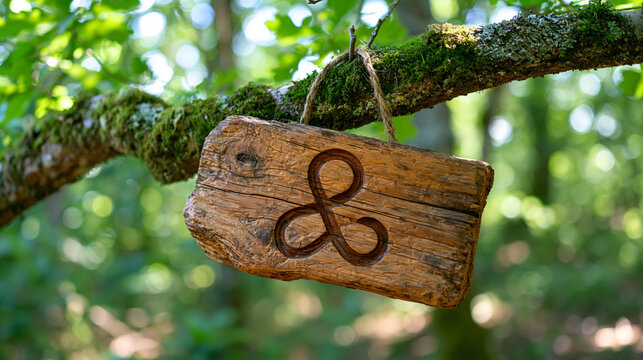 A single weathered wooden sign carved with graphic design awards hangs from a mossy oak branch in outdoor forest light, its grain etched with stylized typography marking a studio milestone amid dapp