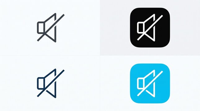 Four mute speaker icons in varied styles and backgrounds, symbolizing silenced audio, sound control, and interface mute options&hellip;