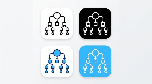 Eight icons of hierarchical tree diagrams in varied colors and backgrounds, symbolizing data structures, decision trees, and organizational charts&hellip;