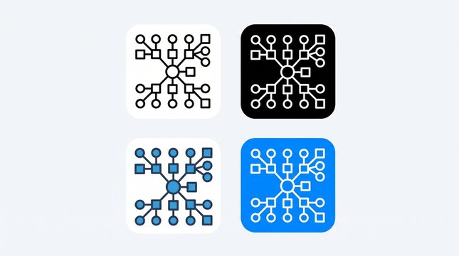 Eight icons of hierarchical tree diagrams in varied colors and backgrounds, symbolizing data structures, decision trees, and organizational charts&hellip;