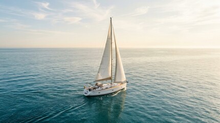 Fototapeta premium Managing Cash Flow for Long-Term Business Stability, Sailboat glides on calm ocean waters under a partly cloudy sky during daylight.