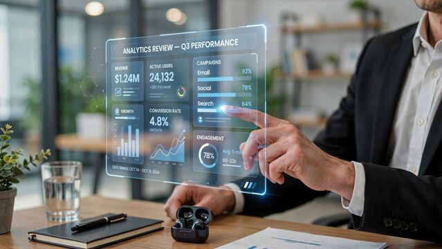 Businessman interacting with a transparent digital screen displaying q3 analytics review performance charts and data metrics in an office