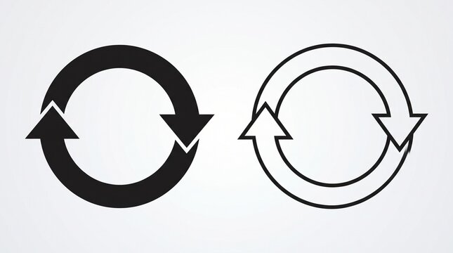Two circular arrow icons side by side, one solid black filled and one outlined, symbolizing rotation, synchronization, refresh, or continuous process on light gray background&hellip;