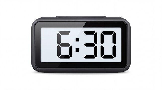 Modern digital alarm clock showing six thirty morning time inside dark plastic frame on white background