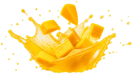 A juice splash and mango pieces isolated on transparent background