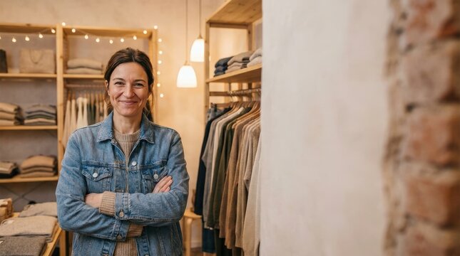 Female boutique owner smiling confidently in cozy clothing store