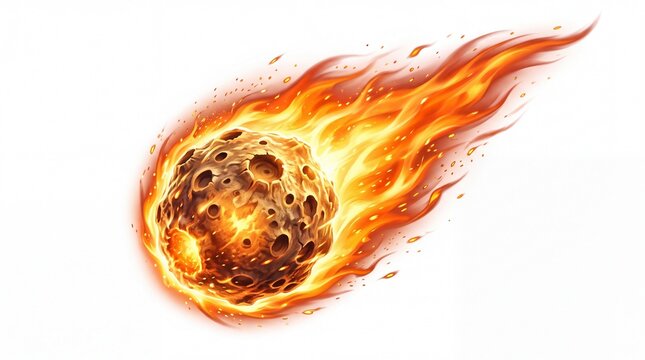 Burning meteorite rock falling through space with intense orange flames captured against isolated on white background